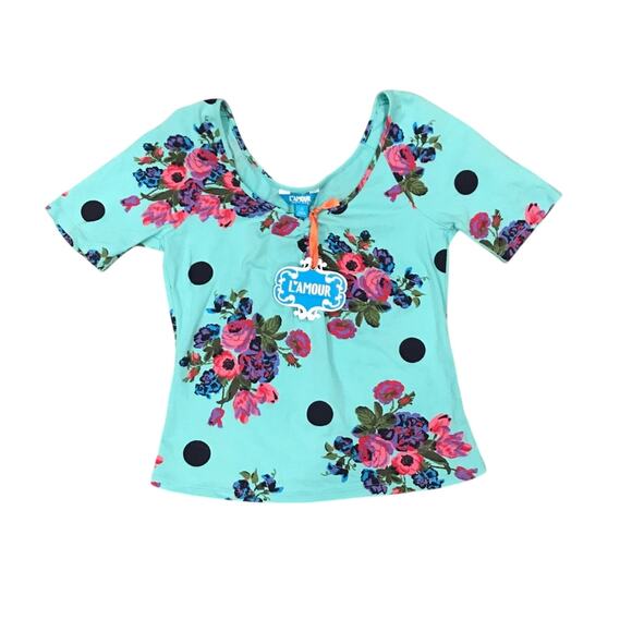 L'Amour Blue Top Floral Short Sleeve - Picture 1 of 3